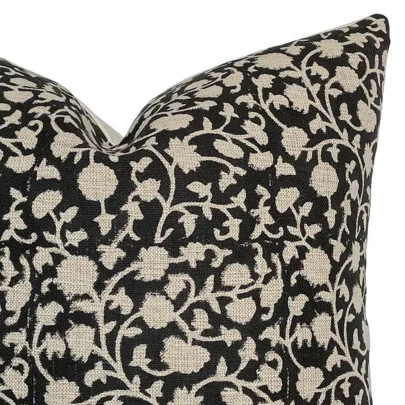 Kody Black Floral Handblock Pillow Cover Warm Tone - Etsy | Etsy (US)