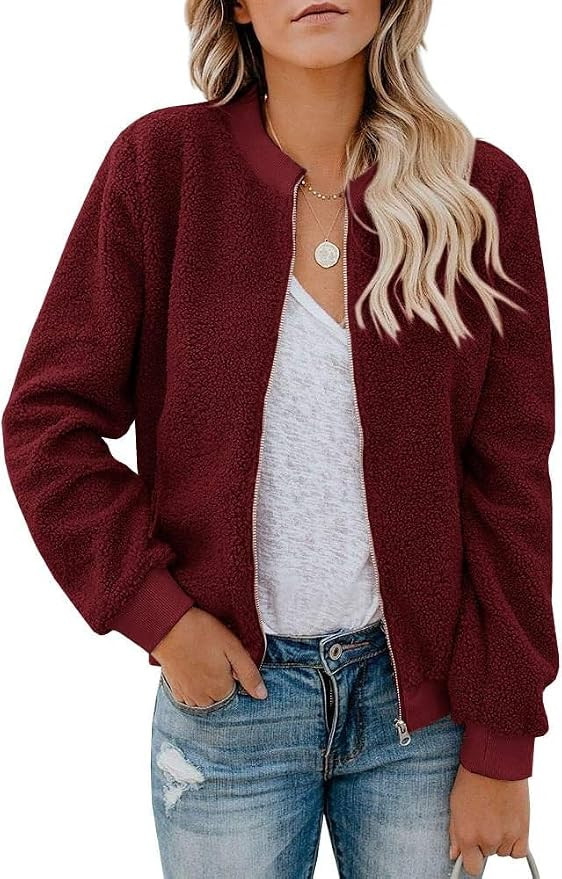 Women Fleece Jacket Winter Bomber Long Sleeve Faux Sherpa Fuzzy Casual Zip Up Coat Pocket | Amazon (US)