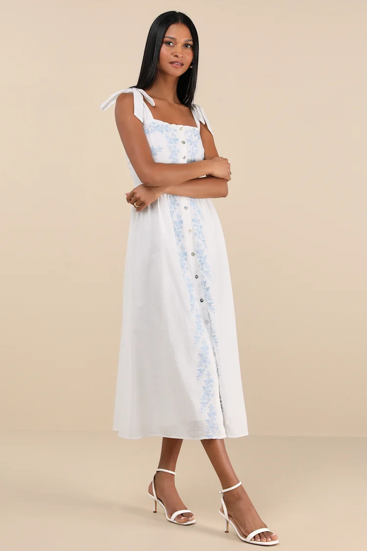 Corinthia White Embroidered Button-Front Midi Dress | Lulus