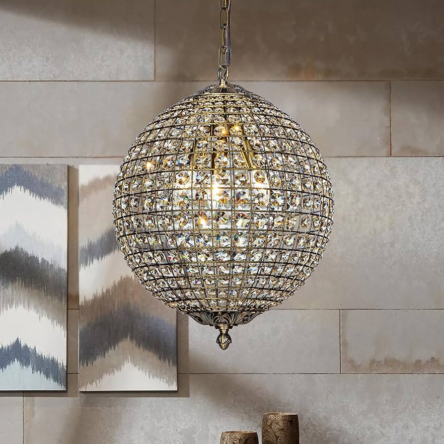 3-Light 16" Retro Antique Gold Crystal Globe Chandelier Sphere Cage-Style Shade Pendant Light for... | Amazon (US)