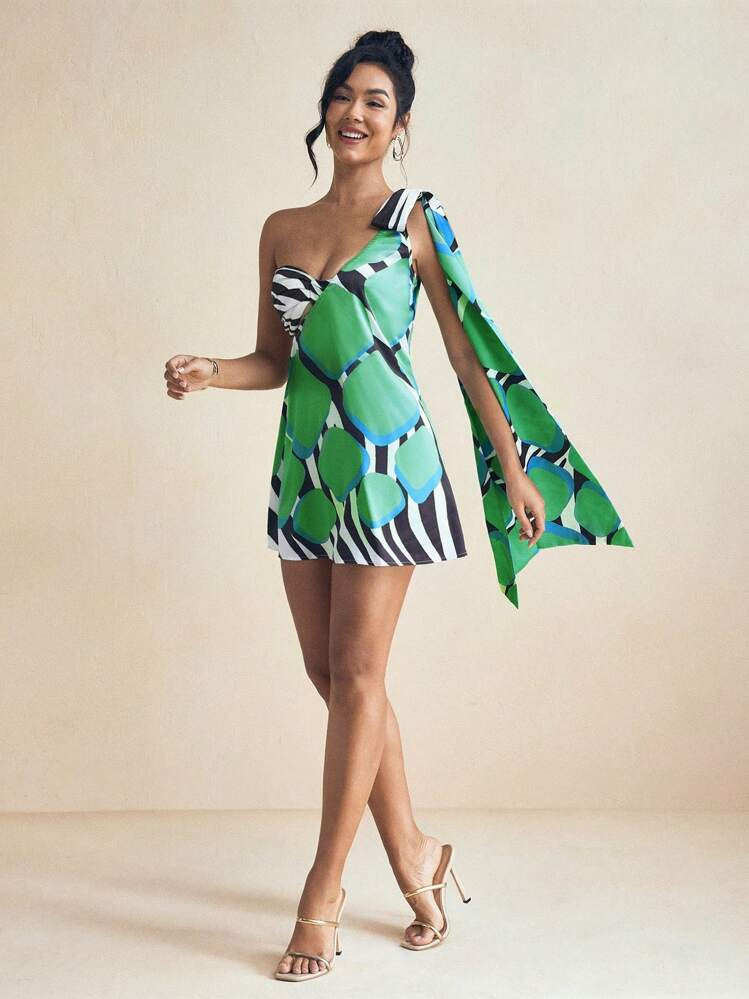 SHAQUITA GARCIA Multicolor Print Asymmetrical Neck Flared Rave Mini Dress Ruched Inner Top 2 PCS ... | SHEIN