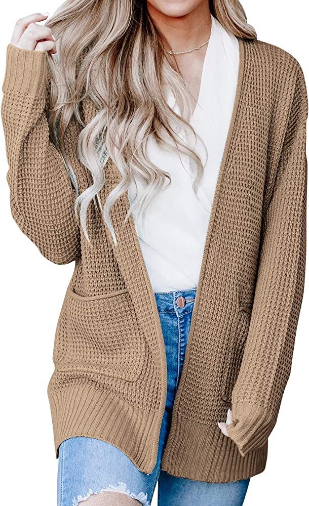 MEROKEETY Womens Long Sleeve Waffle Knit Cardigan Open Front Side Slit Sweater with Pockets | Amazon (US)