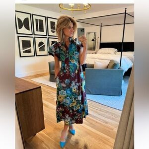 Tuckernuck oxblood verdant floral Alice ruffled collared midi dress holiday XS | Poshmark