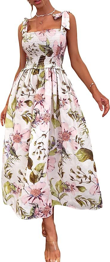 Floerns Women's Floral Print Tie Strap Square Neck Ruffle Boho Maxi Dress | Amazon (US)