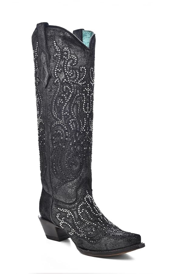 CORRAL LADIE'S BLACK OVERLAY & CRYSTALS TALL TOP, LEATHER SOLE, COWHIDE LEATHER, WESTERN BOOTS, C... | Amazon (US)