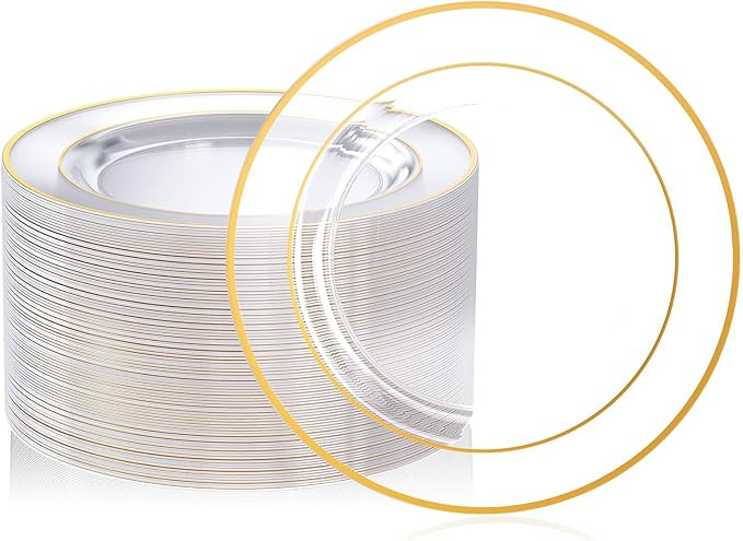 FOCUSLINE 100 Count 10 Inch Clear and Gold Plastic Plates, Disposable Heavy Duty Clear Plates wit... | Amazon (US)