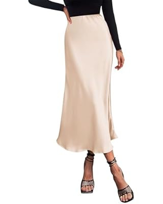 Basoteeuo Midi Skirts for Women High Waist Satin Summer Casual Sexy Midi Length Elastic Skirt | Amazon (US)