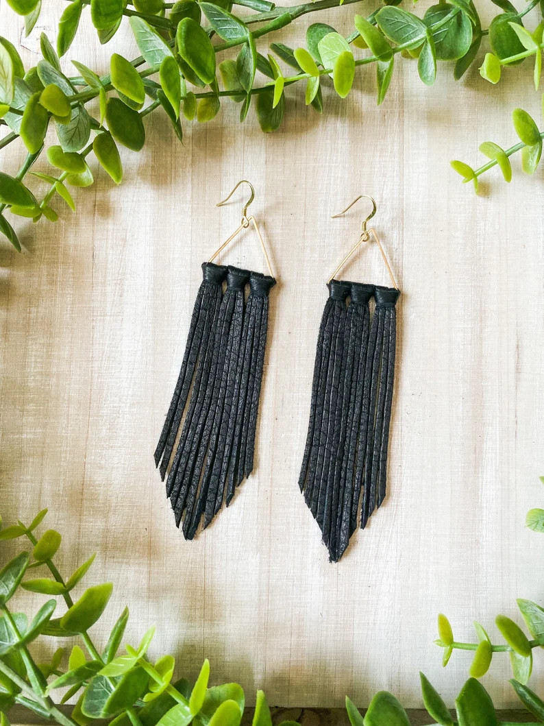 Black Leather Fringe Earrings Fringe Leather Earrings Hoop - Etsy | Etsy (US)