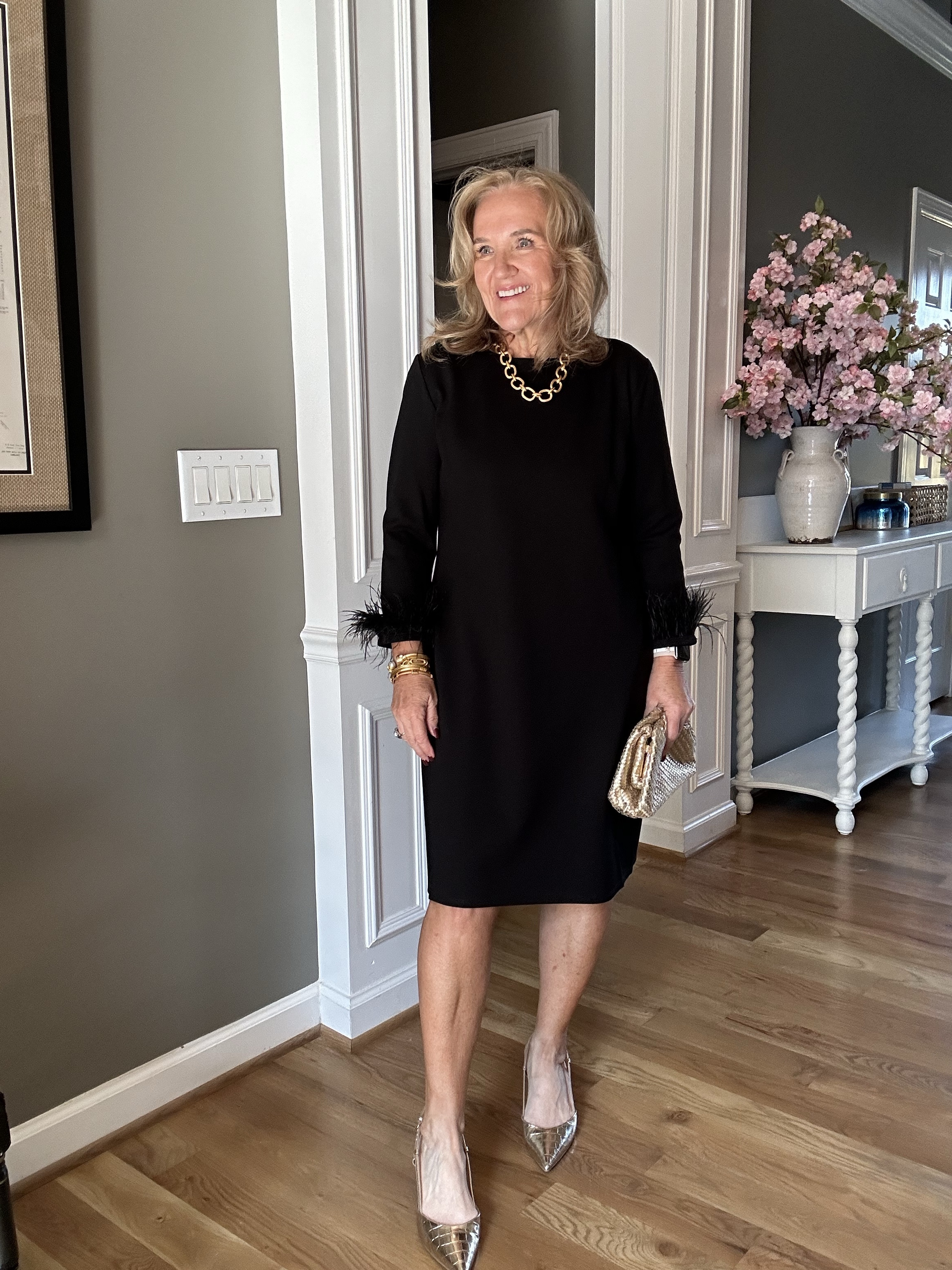 
Jude Connally dress size large tts. Beautiful feather detailing on the sleeves.
 
Gold shoes tts, comfortable enough for an event.

Black dress wedding guest dress holiday dress Jude Connolly dress

#LTKHoliday #LTKWedding #LTKOver40