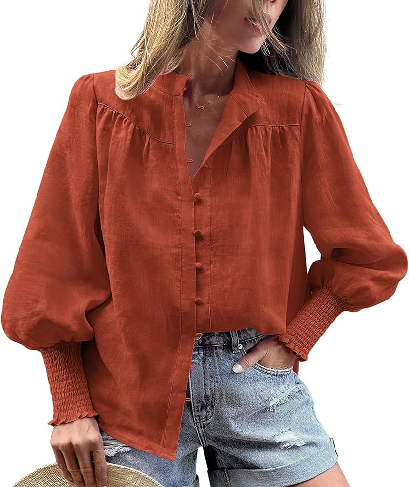 PRETTYGARDEN Women’s Spring Long Sleeve Tops Dressy Casual Button Down Smocked Cuffed Office Bu... | Amazon (US)