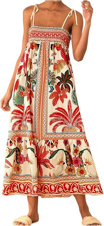 WDIRARA Women's Boho Floral Sleeveless Ruffle Maxi Dress Tropical Graphic Tie Shoulder Smocked Ca... | Amazon (US)