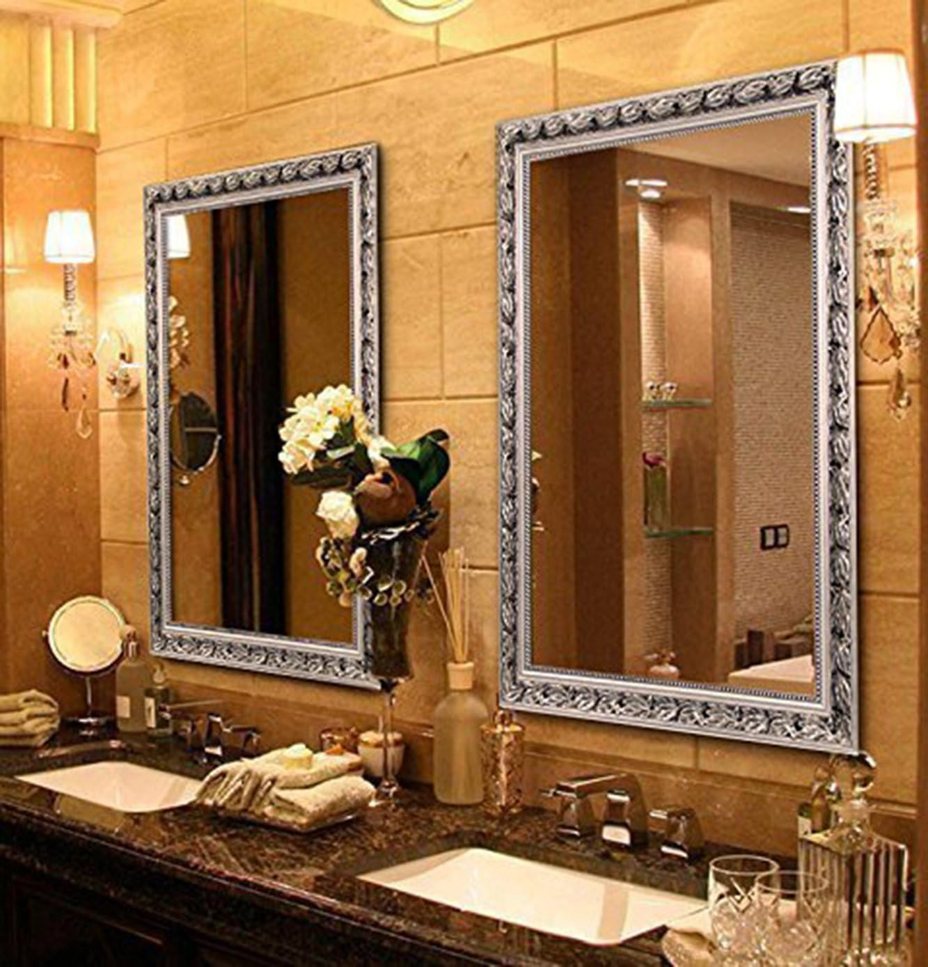 Large Rectangular Bathroom Mirror, Wall-Mounted Wooden Frame Vanity Mirror, Silver (38"x26") | Amazon (US)