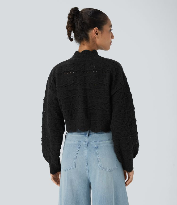Women’s Mock Neck Bishop Sleeve Scallop Hem Open Knit Casual Sweater - Halara | HALARA