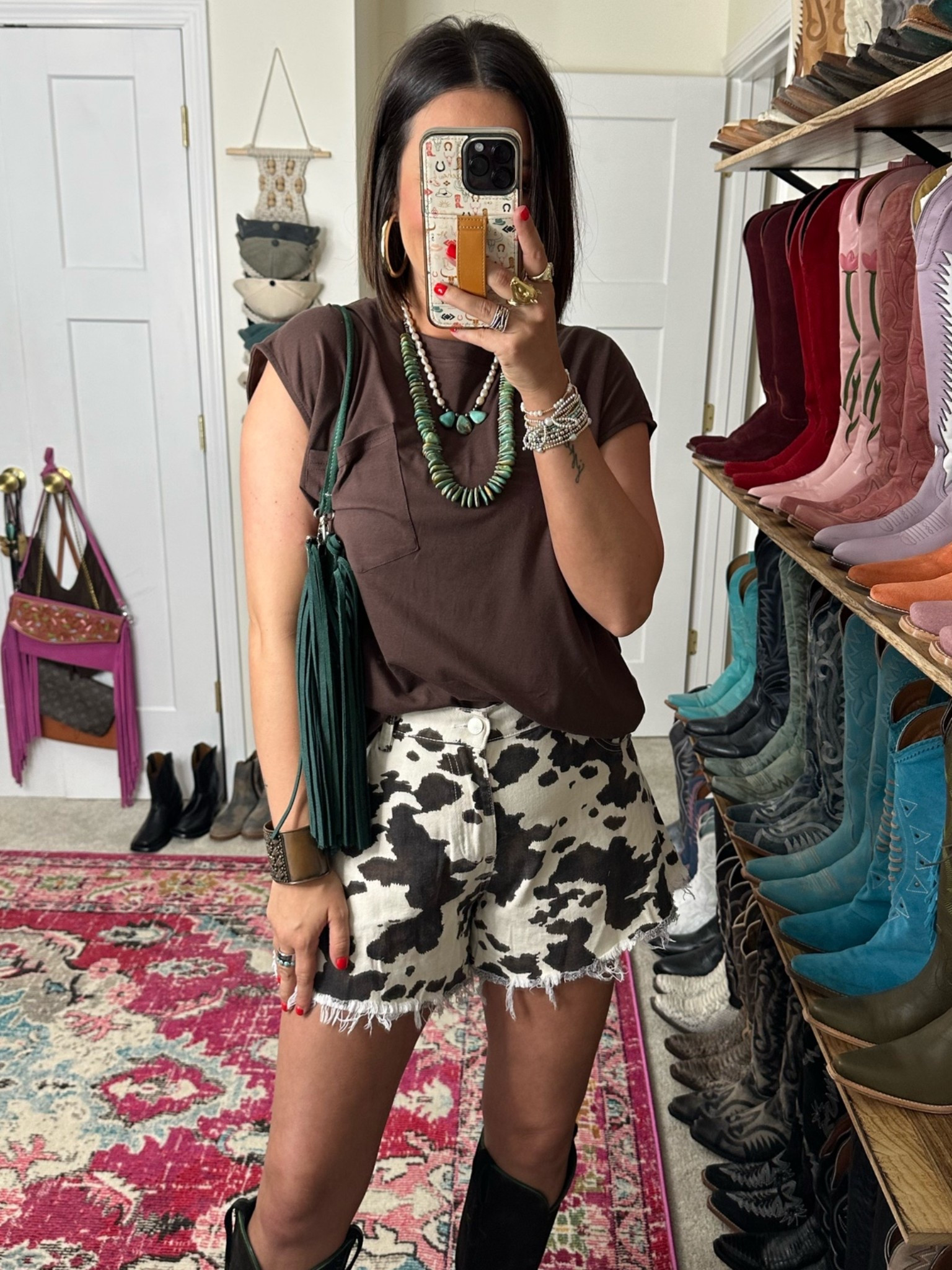 Amazon western fashion finds - cow print shorts and chocolate brown tee in a medium in both

#LTKootd #LTKgrwm