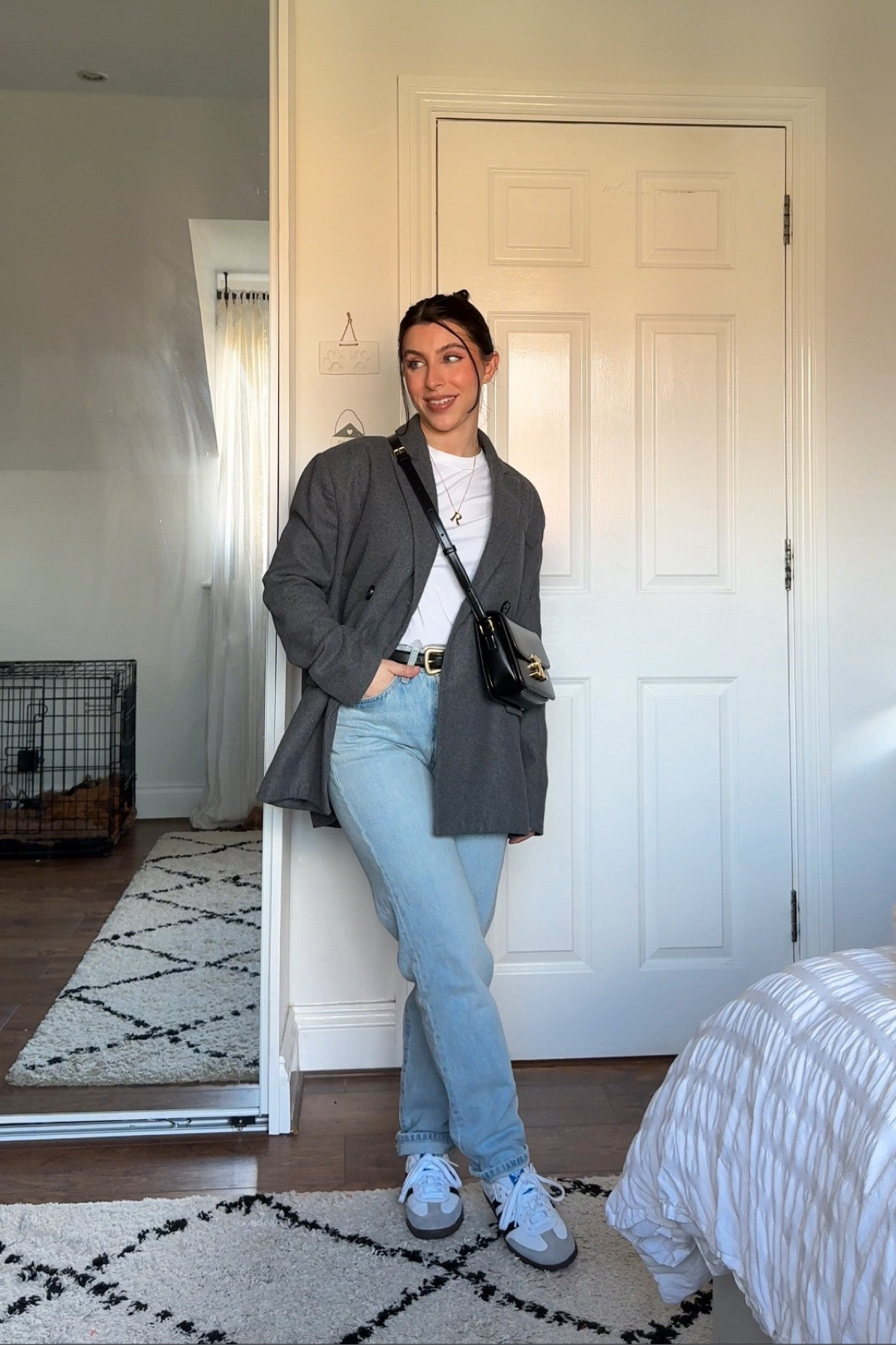 Smart casual outfit, grey wool blazer, warm outfit, 4th & reckless, asos, blue jeans, mom jeans, céline bag, adidas sambas, a pop of grey, white tshirt, comfy outfit, transitional style 

#LTKeurope #LTKstyletip #LTKSeasonal