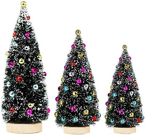 3 Pack Artificial Mini Tabletop Christmas Trees Tiny Frosted Bottle Brush Trees Decorated Small Sisa | Amazon (US)