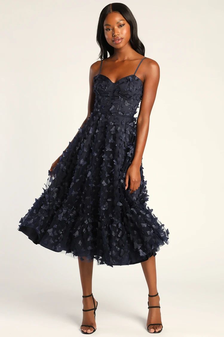 Time to Fly Navy Blue Butterfly Lace-Up Midi Dress | Lulus