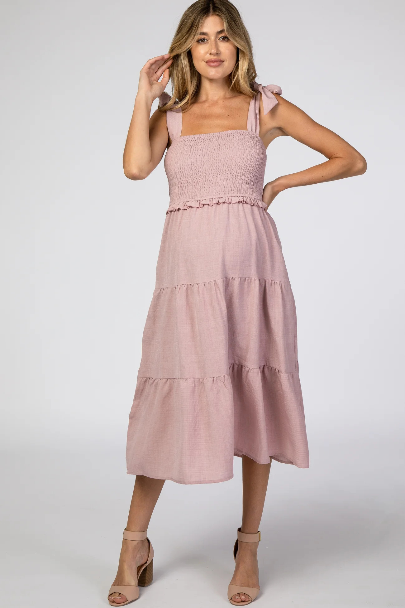 Mauve Bow Strap Tiered Maternity Midi Dress | PinkBlush Maternity