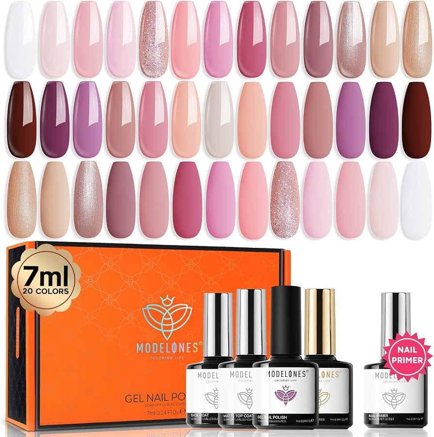 modelones 24 Pcs Gel Nail Polish Kit, 20 Colors Neutral Nude Pink Glitter Skin Tone Gel Polish Nail Set with Bond Primer Glossy & Matte Top Base Coat Nail Art DIY Home Gifts | Amazon (US)