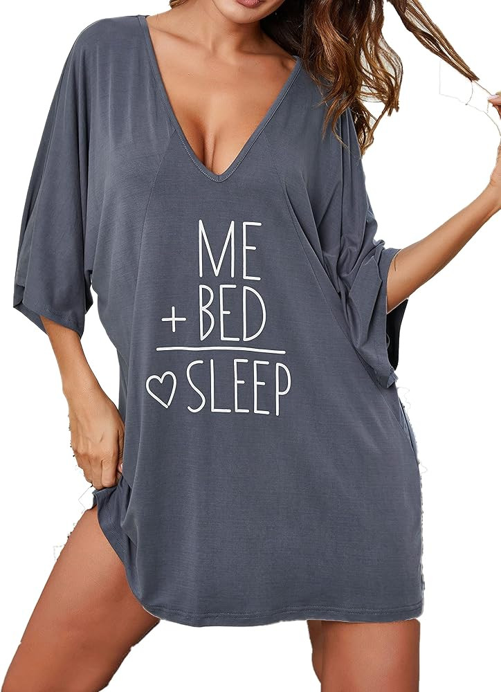 Ekouaer Women's Sleepshirt Deep V Neck Nightgown Batwing Nightshirt Oversized Sleepwear | Amazon (US)