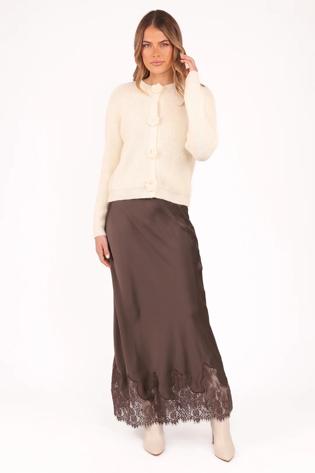 Alira Lace Trim Midi Skirt - Brown | Petal & Pup (AU)