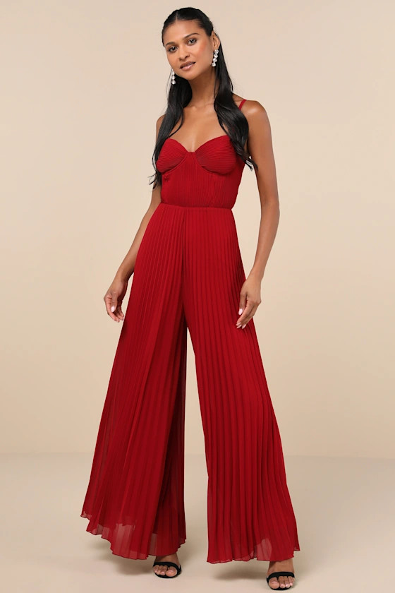 Exemplary Poise Red Pleated Wide-Leg Jumpsuit | Lulus