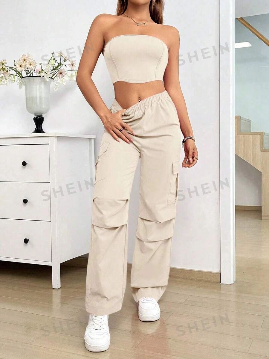 SHEIN EZwear Trendy Cool Strapless Top & Utility Long Pants 2-Piece Set | SHEIN