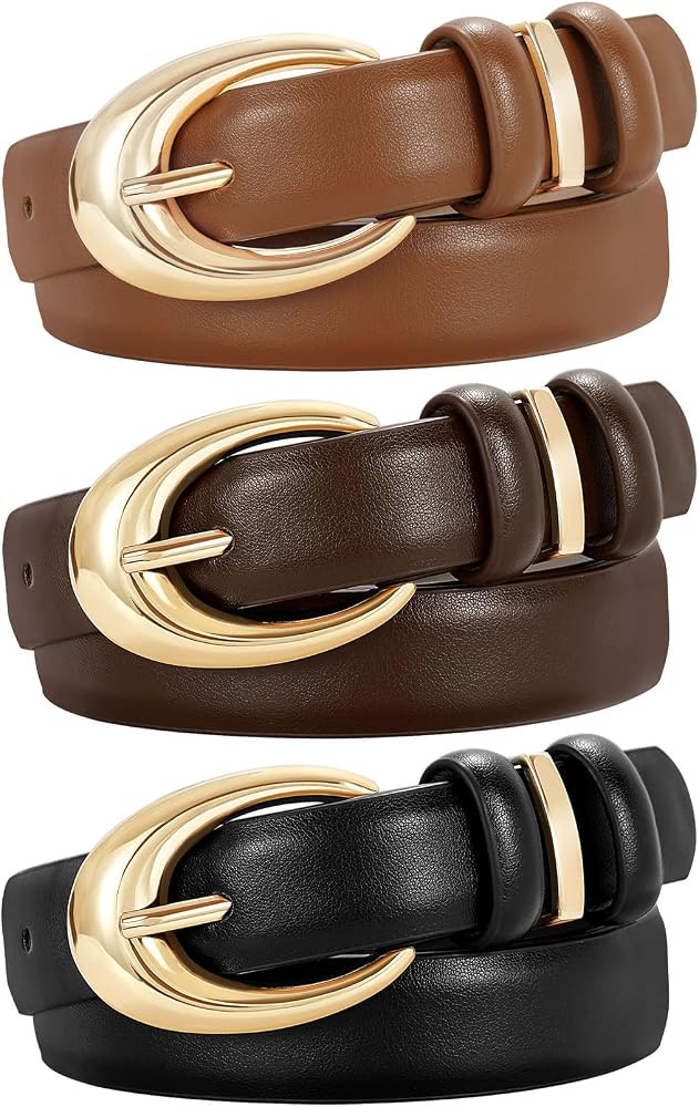 3 Pack Women Leather Belt for Jeans Pants Fashion Ladies Faux Leather Belt with Gold Buckle | Amazon (US)