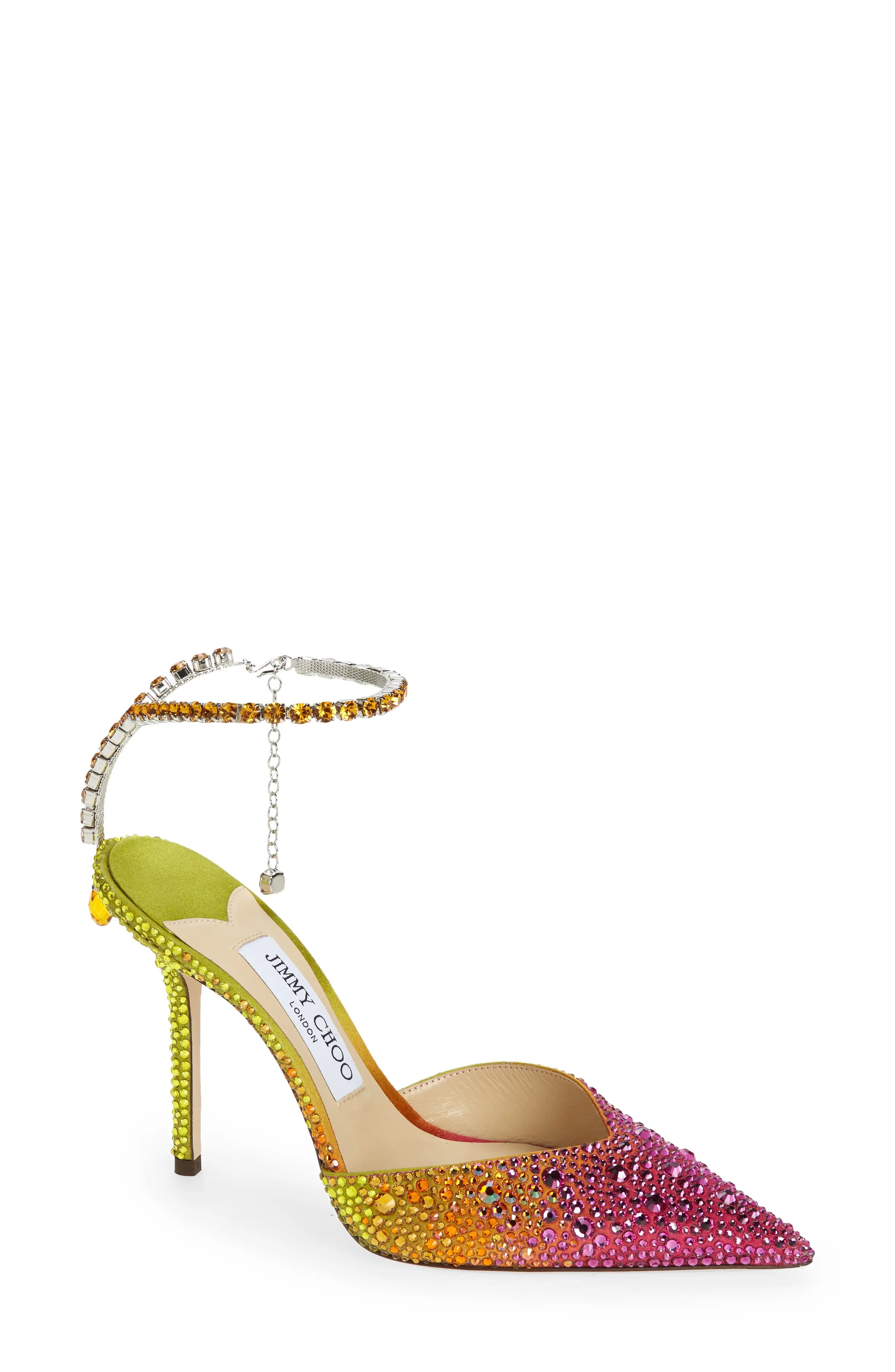 Jimmy Choo Saeda Crystal Ankle Strap Pointed Toe Pump in Amber Orange/Berry Red/Lime at Nordstrom, S | Nordstrom