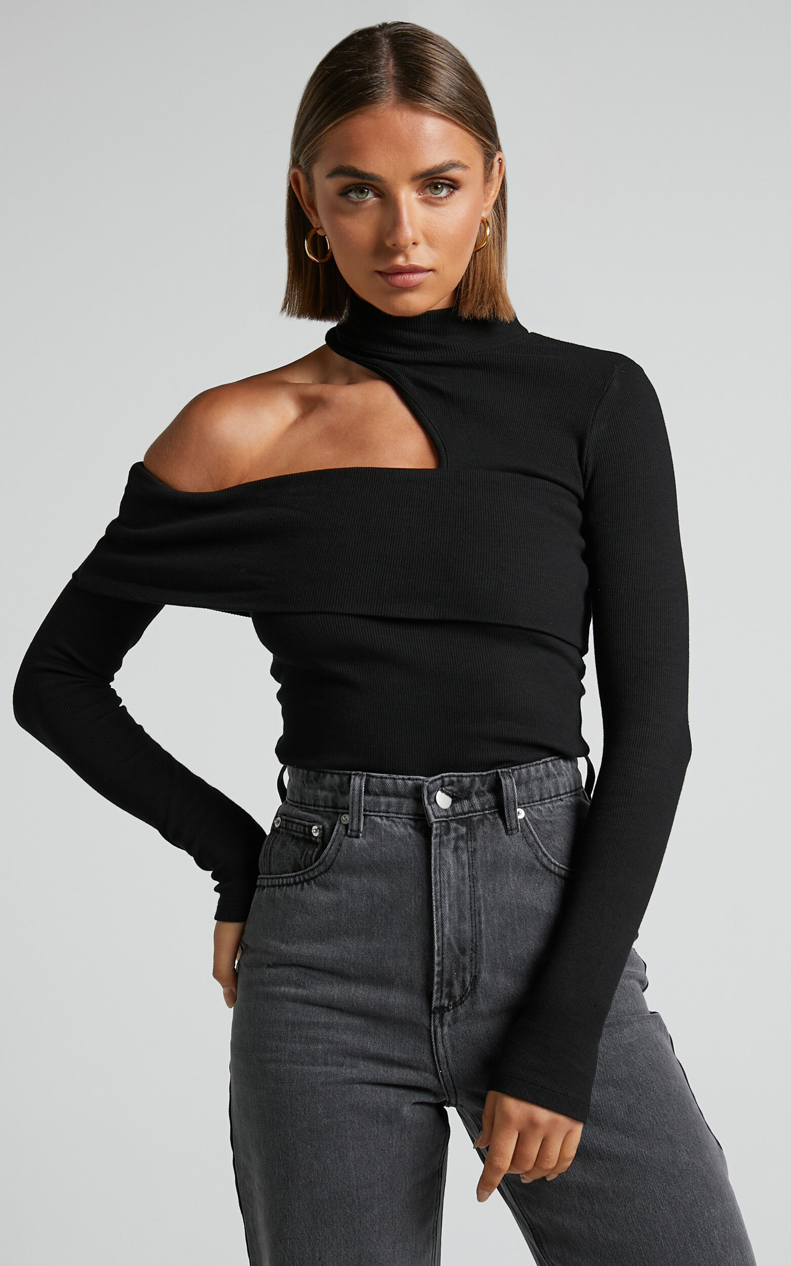 Kiefer Asymmetric Long Sleeve Cutout Top in Black | Showpo (ANZ)