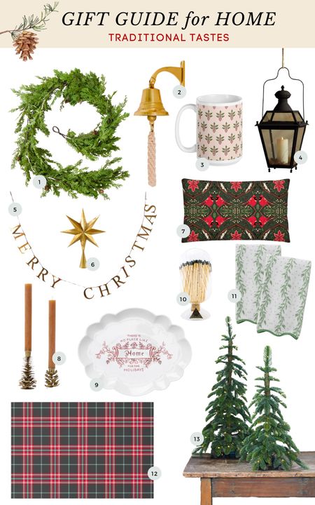 Classic traditional Christmas decor ideas for home include cedar garland, brass bell, block print mug, brass sign, candle holders, William Morris style pillow, festive hand towels, plaid doormat and tabletop trees 

#LTKHoliday #LTKhome #LTKGiftGuide