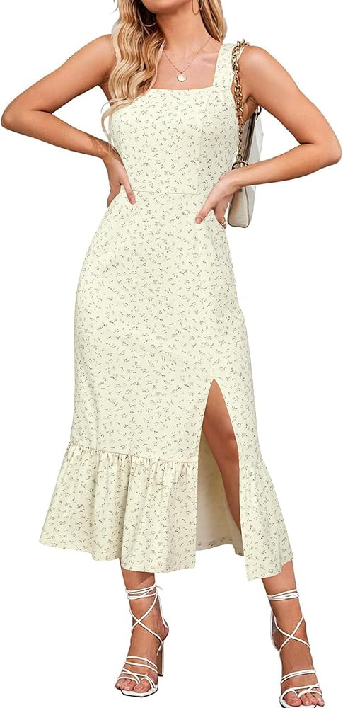 Newshows Womens 2025 Summer Beach Floral Midi Dress Spring Vacation Outfits Square Neck Ruffle Sp... | Amazon (US)