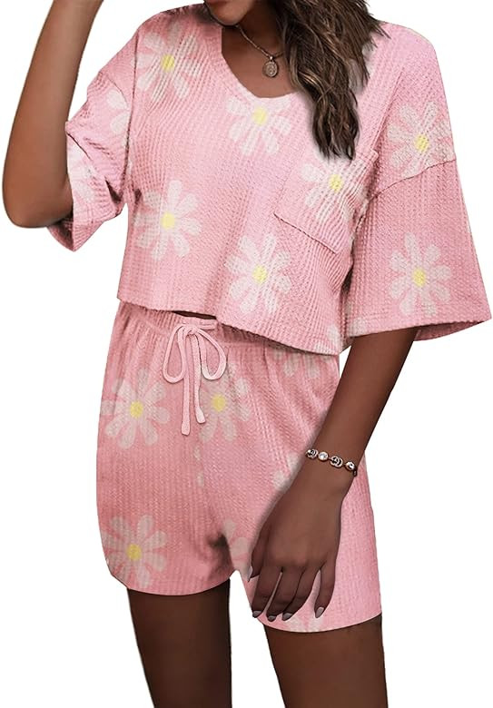 Ekouaer Women Pajama Sets Waffle Knit Lounge Sets Short Sleeves Crop Top 2 Piece Pj Shorts Set | Amazon (US)