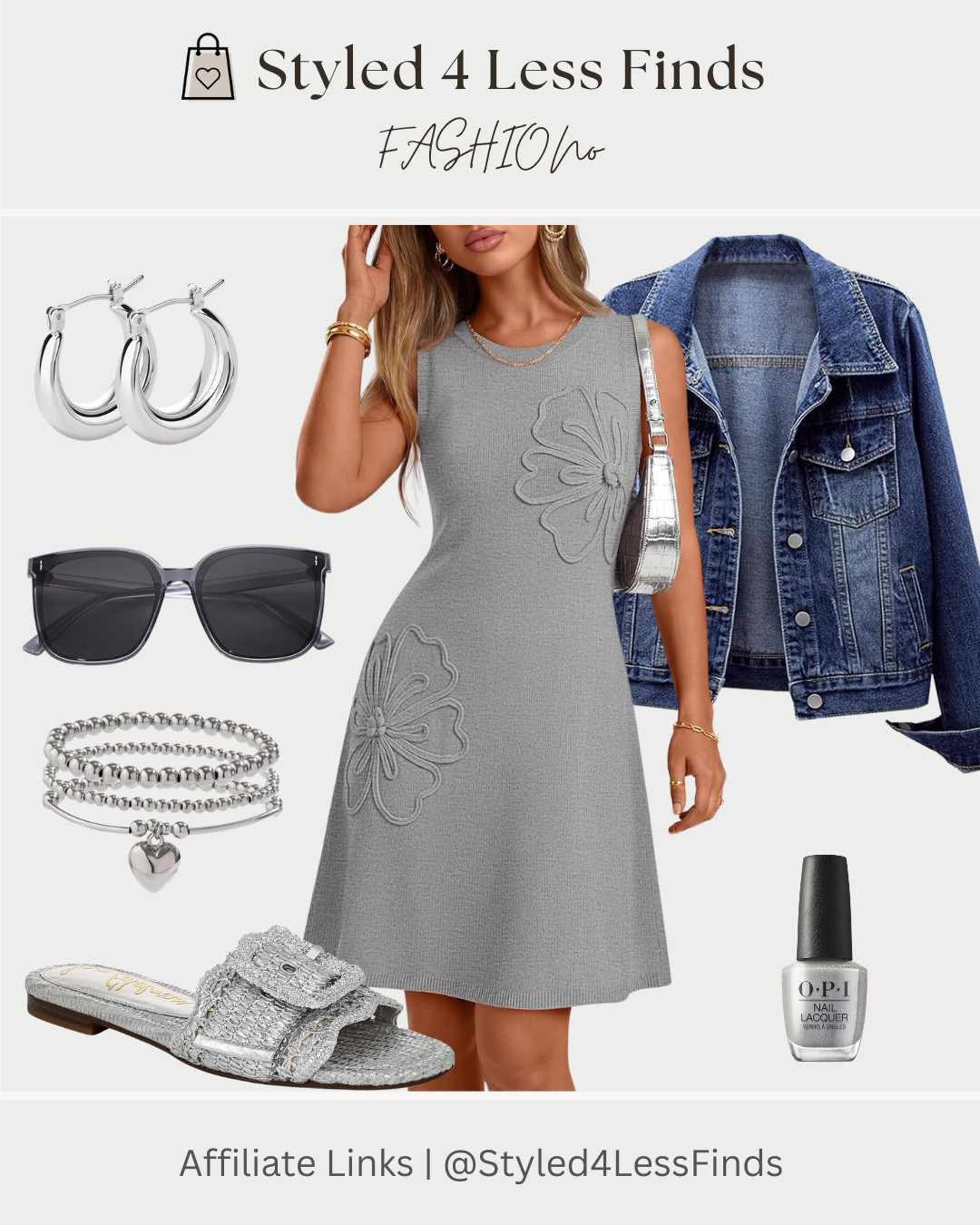 Soft neutrals + silver accents = the easiest way to look polished with minimal effort 🤍✨
This floral knit dress is so flattering and comfortable, and I love how the denim jacket adds the perfect casual layer for cooler mornings or evenings. Finished the look with silver accessories for an elevated everyday vibe.

Style Tip: Mix different textures like knit, denim, and metallic accessories to make neutral outfits feel more styled and luxe without adding bold colors. 

 #LTKcanada #LTKdresses #LTKover50style
