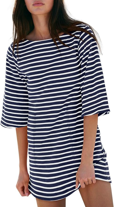 Yousify Women’s T Shirt Dress Cotton Summer Dresses 2026 Casual Loose Short Sleeve Striped Mini... | Amazon (US)