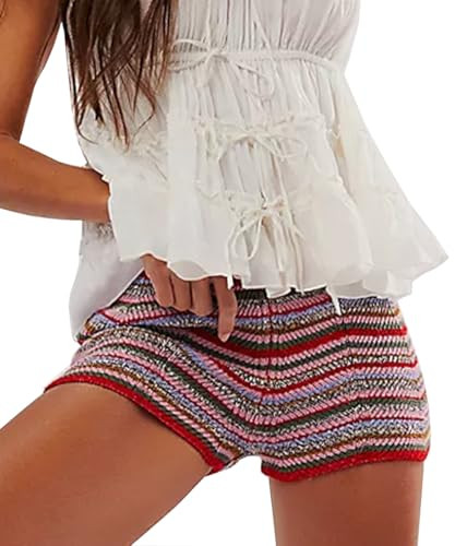 Women's Striped Boxer Shorts Y2K Knit Low Rise Mini Short Lounge Elastic Rainbow Color Block Slim... | Amazon (US)
