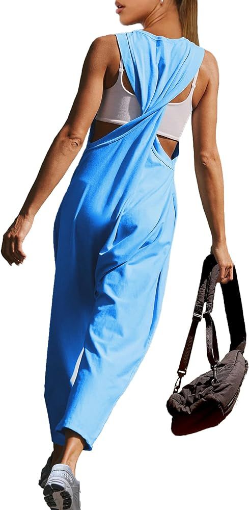 Jumpsuits for Women Summer Casual Back Twist Overalls Sleeveless Rompers Oversized Jumpers with P... | Amazon (US)