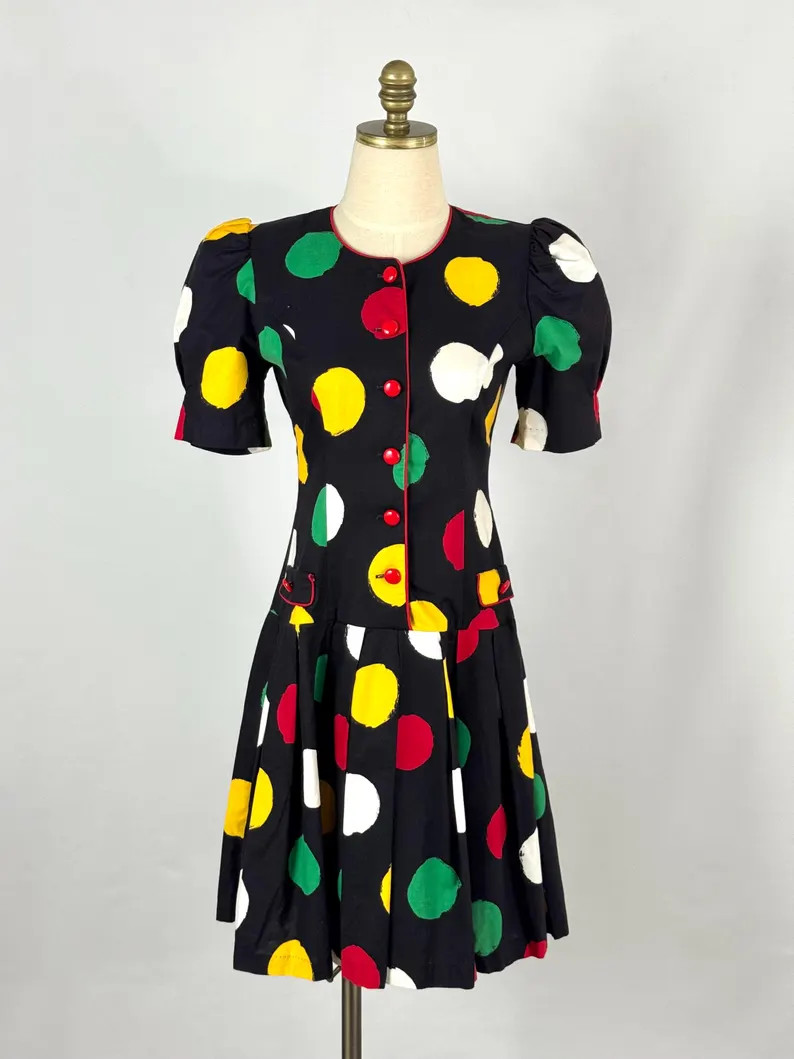 Vintage 80s SL Fashions Colorful Polka Dot Romper w/ Drop Waist and Puff Sleeves // Clown Costume... | Etsy (Global)