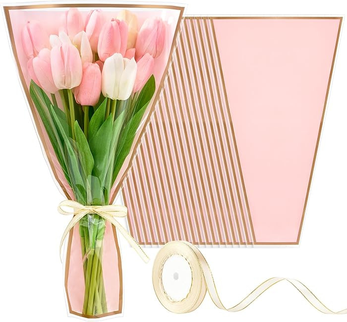 Mauproy 50 Pack Pink Flower Bags for Bouquets, 17.8 x 11.2 Inches Plastic Flower Sleeves Clear Fr... | Amazon (US)