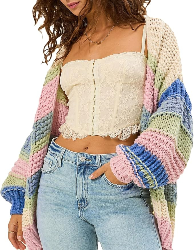 Women's Color Block Striped Cardigan Sweaters Chunky Knit Long Sleeve Open Front Outerwear Y2k St... | Amazon (US)