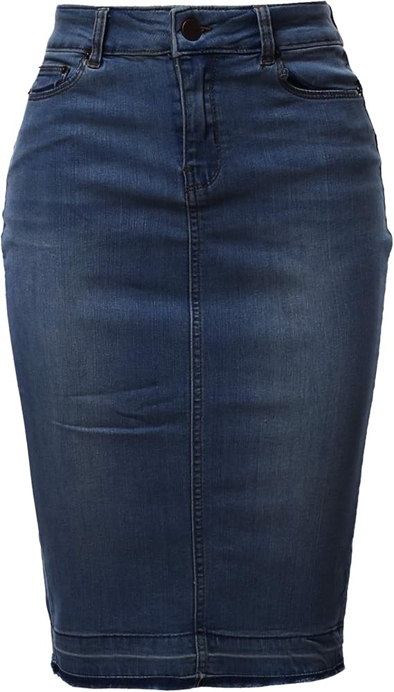 A2Y Women's Slim Fit Rayon Knee Length Unhem Back Slit Denim Jean Pencil Skirt | Amazon (US)