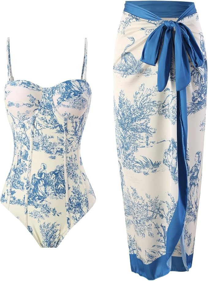 Womens One Piece Swimsuit with Cover Up Retro Toile de Jouy Print, Underwire Push Up Bathing Suit... | Amazon (US)