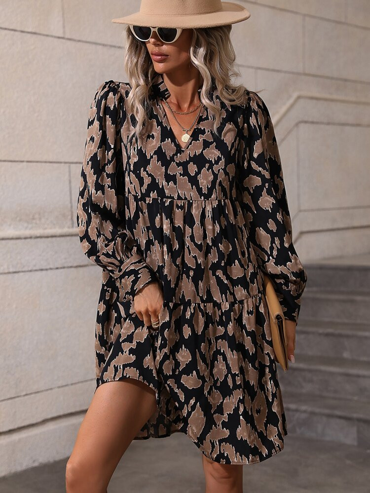 Allover Print Lantern Sleeve Ruffle Hem Smock Dress | SHEIN