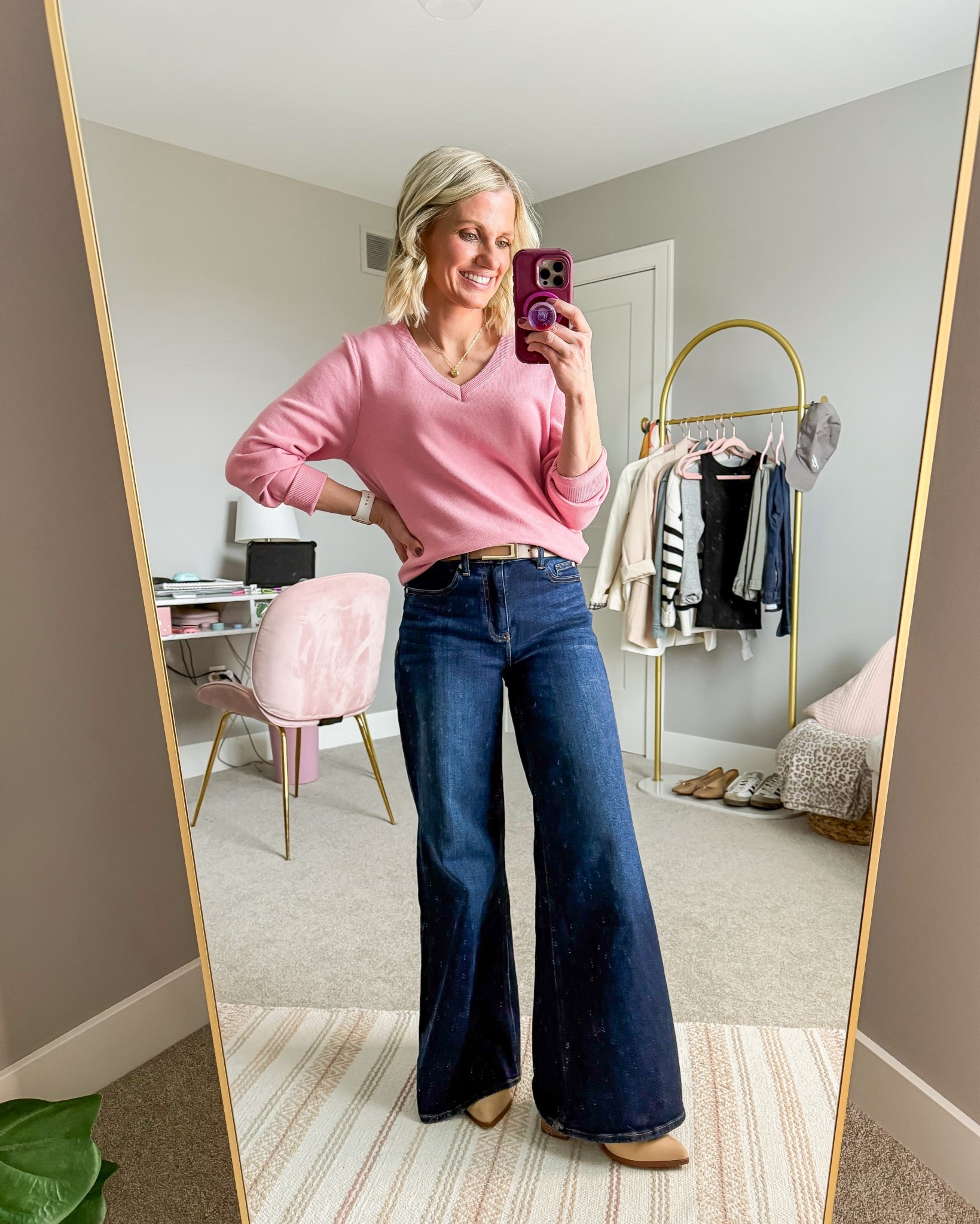Palazzo jeans and a pink sweater! 
Sweater- small
Jeans- 25

#LTKOver40 #LTKPetite #LTKSeasonal