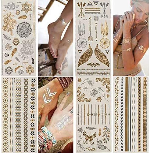 Temporary Tattoos,Metallic,5 Large Sheets Gold Silver Glitter, by WffDirect,80+ Color Flash Fake ... | Amazon (US)