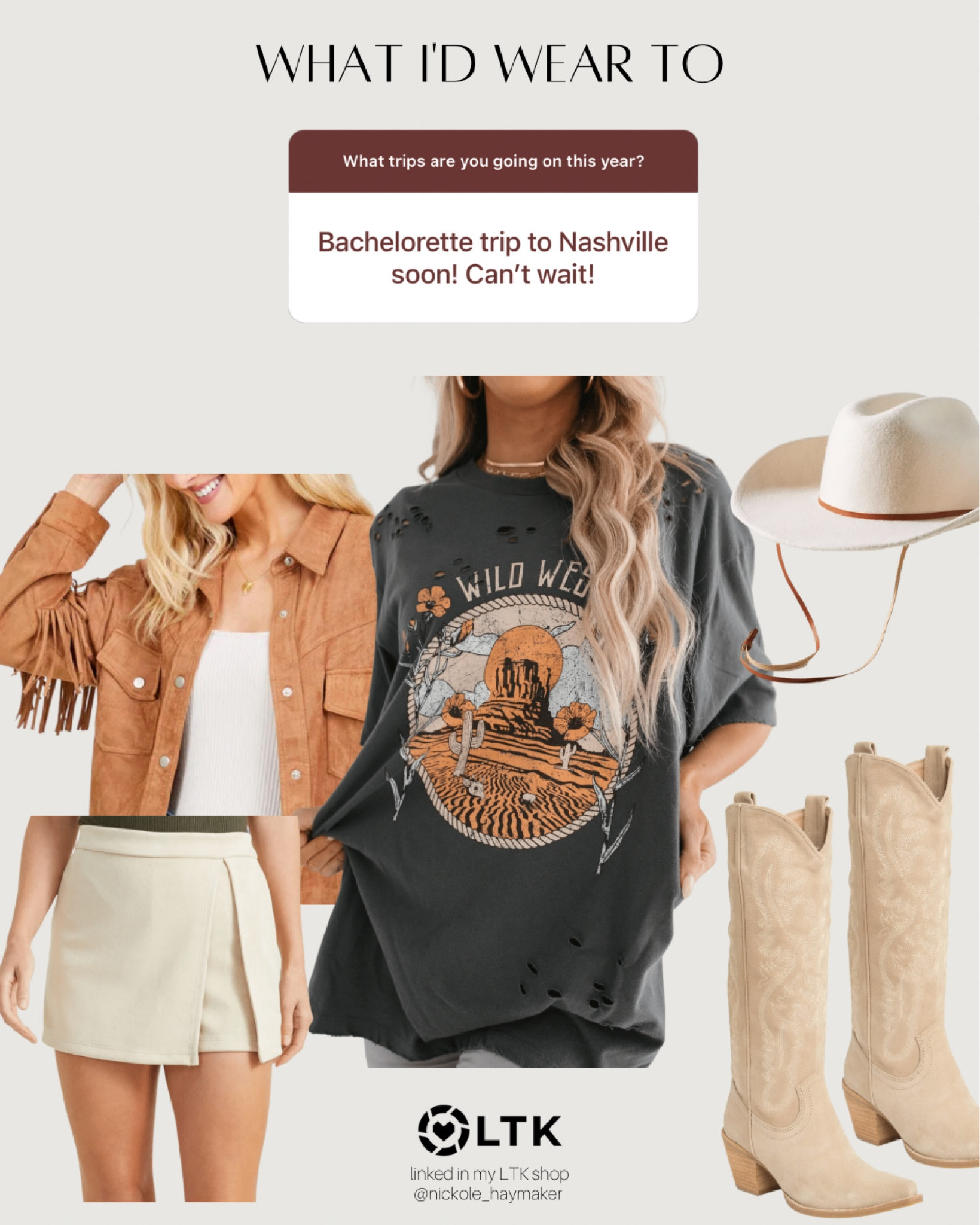 NASHVILLE LOOK: I asked you guys on stories your upcoming trips! Here are my looks for them! ⭐️ 

#nashville #bachelorette #westernwear #cowgirlboots

#LTKSeasonal #LTKstyletip #LTKtravel