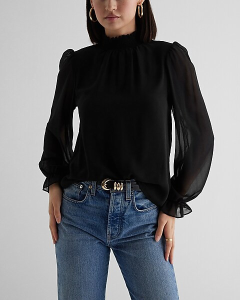 Mock Neck Long Sleeve Smocked Cuff Top | Express