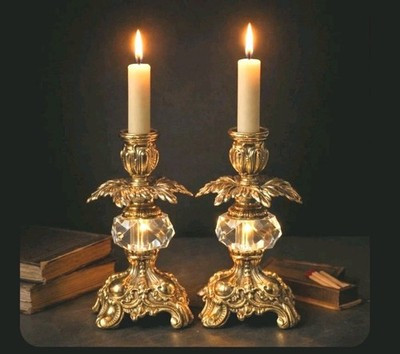 Brass And Crystal Candlestick Pair VTG Ornate Rococo Hollywood Regency 7" ACC | eBay US