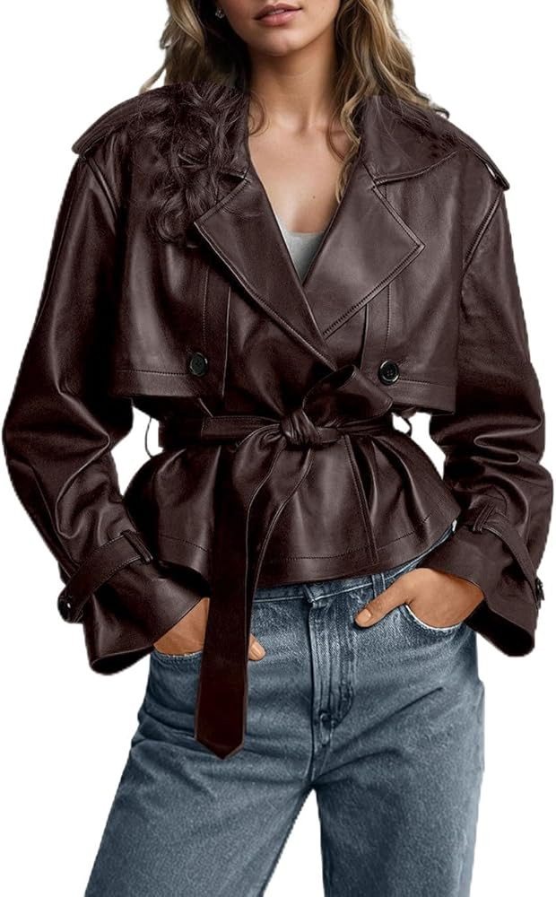 chouyatou Women's Fall Belted Faux Leather Jacket Modo Business Casual Faux Leather Short Trench ... | Amazon (US)