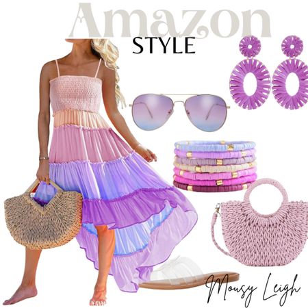 A purple dream. How fun is this dress outfit from Amazon? 

Purple, pink, colorful, beach, earrings, straw purse, bracelet, sunglasses 

#LTKstyletip #LTKshoecrush #LTKitbag